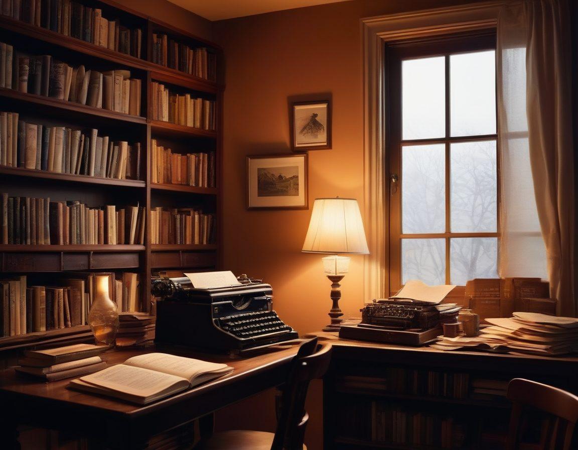A dimly lit, cozy library filled with books about erotic literature, featuring an open book with flowing words and whimsical illustrations. Include a vintage typewriter beside it with a crumpled page, a soft glowing lamp casting warm light, and seductive shadows. Subtle hints of sensual silhouettes in the background enhance the atmosphere. Focus on evoking intrigue and curiosity. super-realistic. warm color palette. intimate ambiance.