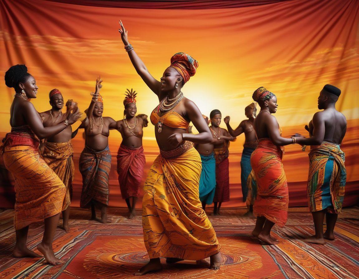 A vibrant scene depicting a diverse group of people engaging in traditional African rituals celebrating intimacy and sexual liberation. In the background, colorful fabrics and patterns symbolize various African cultures. Expressions of joy, connection, and empowerment fill the forefront, showcasing different forms of intimacy. Soft evening light casts warm tones, enhancing the celebratory atmosphere. Style: super-realistic. vibrant colors.